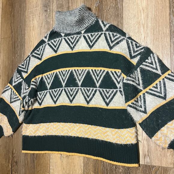 J. NNA Womens Boxy Mock Neck Sweater Geometric Color-block Sz M Gray Yellow 80s - Picture 2 of 7